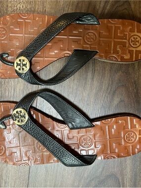 Tory Burch Black Leather Flip Flops with Gold Logo